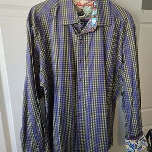 Robert Graham Men's Blue and Green Checkered Shirt